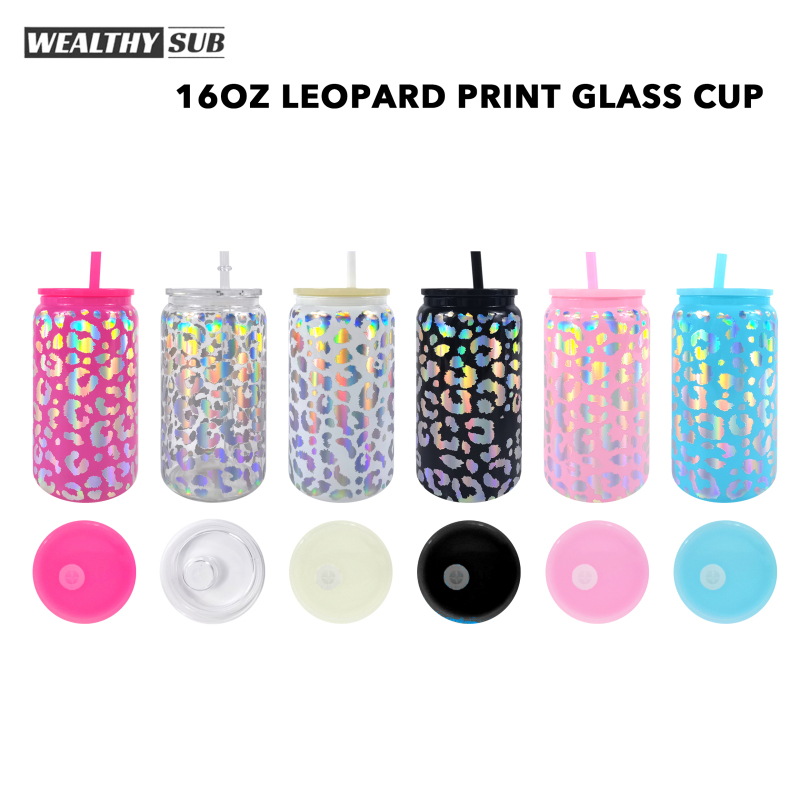 Wealthysub China warehouse sublimation 16oz leopard print glass cup
